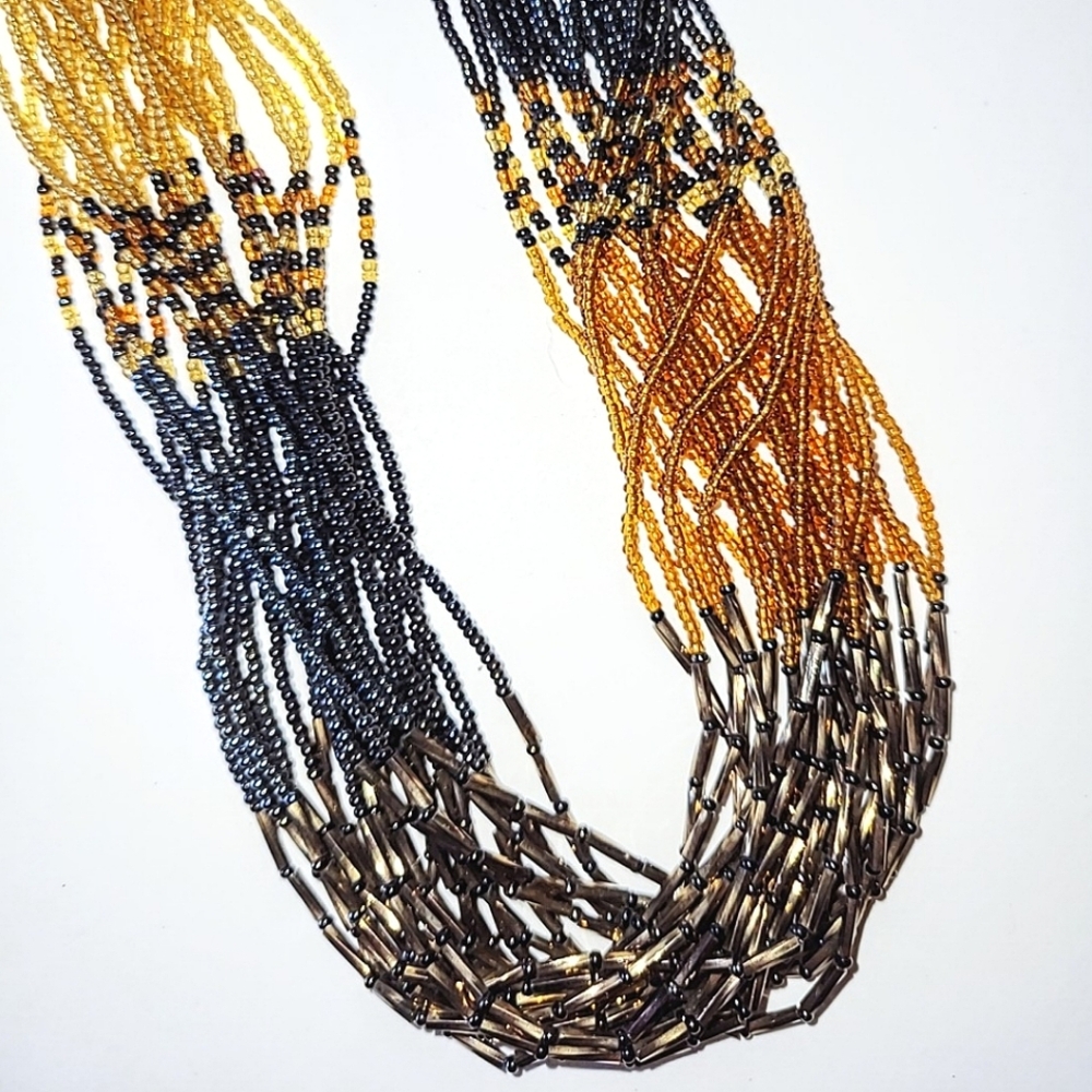 HANDMADE SEED BEAD & BUGLE BEAD MULTI-STRAND NECKLACE - SHADES OF GOLD & BRONZE - Picture 2 of 7
